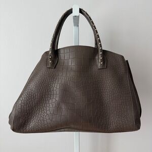 Iacucci Large Brown Croc Embossed Leather Satchel Studded Handle Made in Italy